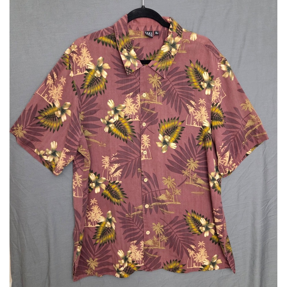 Saks Fifth Avenue Mens XL Silk Tropical Aloha Shirt Mauve Pink Palm Tree Floral